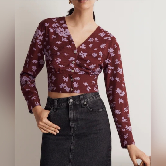 Madewell V-Neck Button Front Shirt Size Small In Cabernet - Picture 8 of 8